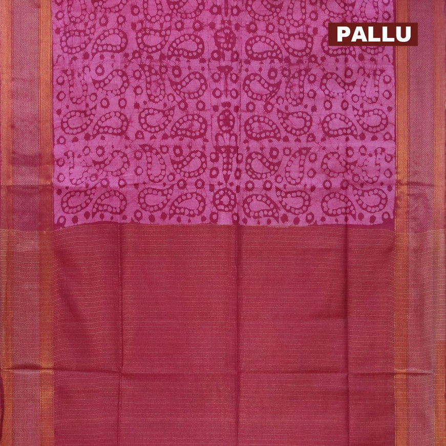 Semi tussar saree magenta pink with allover batik prints and zari woven kanjivaram style border - {{ collection.title }} by Prashanti Sarees