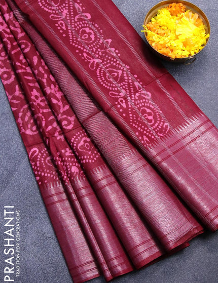 Semi tussar saree maroon with allover batik prints and silver zari woven kanjivaram style border - {{ collection.title }} by Prashanti Sarees