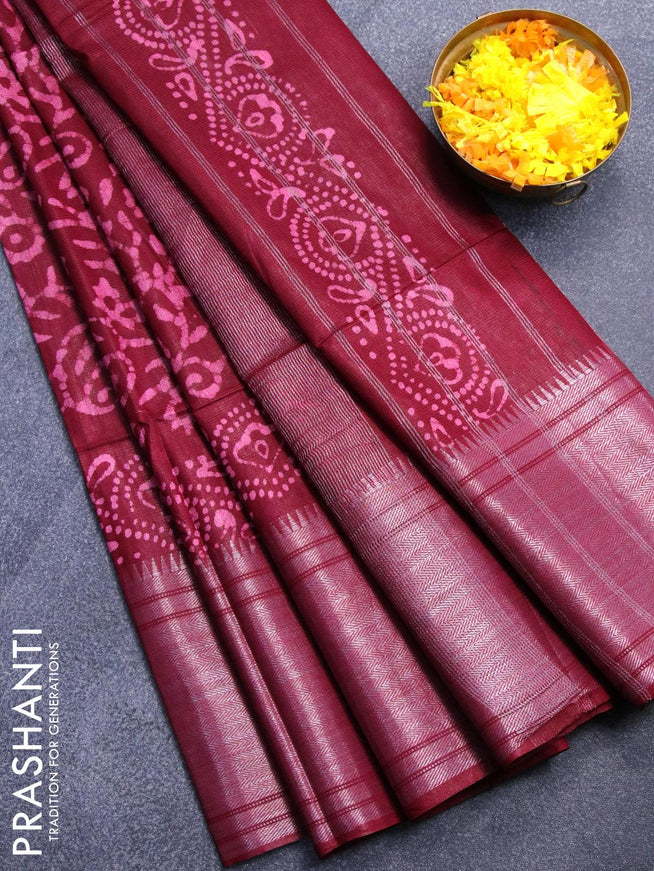 Semi tussar saree maroon with allover batik prints and silver zari woven kanjivaram style border - {{ collection.title }} by Prashanti Sarees