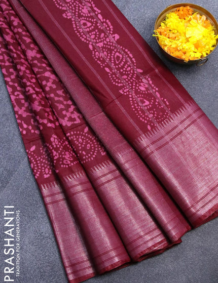 Semi tussar saree maroon with allover batik prints and silver zari woven kanjivaram style border - {{ collection.title }} by Prashanti Sarees