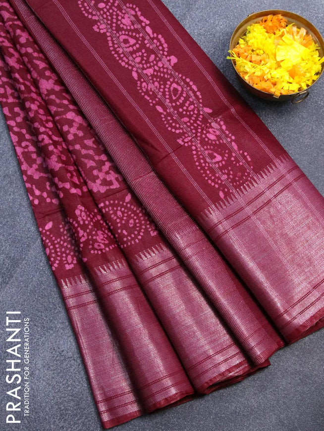 Semi tussar saree maroon with allover batik prints and silver zari woven kanjivaram style border - {{ collection.title }} by Prashanti Sarees