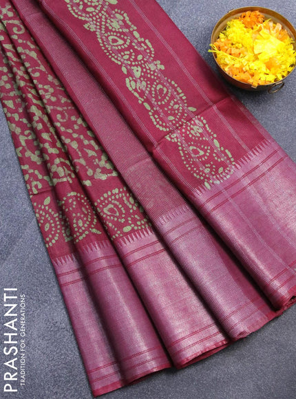 Semi tussar saree maroon with allover batik prints and silver zari woven kanjivaram style border - {{ collection.title }} by Prashanti Sarees