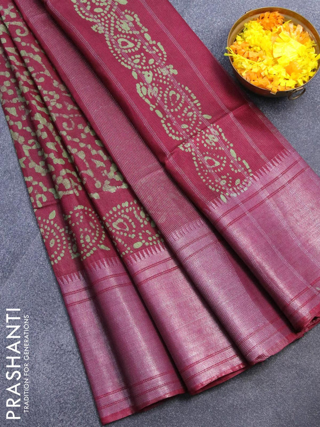 Semi tussar saree maroon with allover batik prints and silver zari woven kanjivaram style border - {{ collection.title }} by Prashanti Sarees