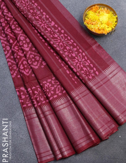 Semi tussar saree maroon with allover batik prints and silver zari woven kanjivaram style border - {{ collection.title }} by Prashanti Sarees