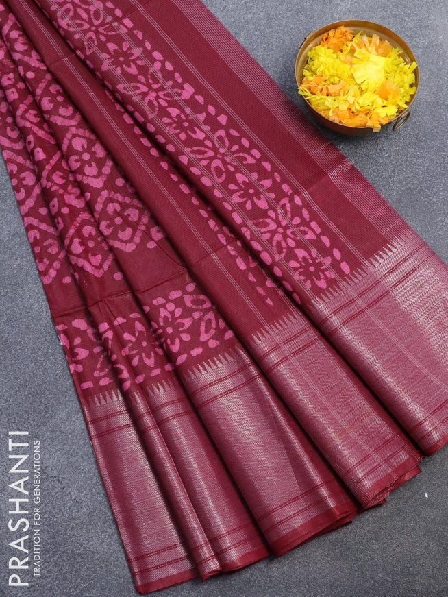 Semi tussar saree maroon with allover batik prints and silver zari woven kanjivaram style border - {{ collection.title }} by Prashanti Sarees