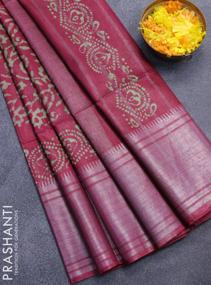 Semi tussar saree maroon with allover batik prints and silver zari woven kanjivaram style border - {{ collection.title }} by Prashanti Sarees