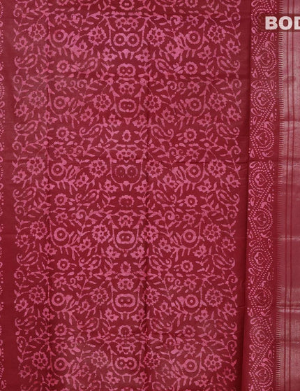 Semi tussar saree maroon with allover batik prints and silver zari woven kanjivaram style border - {{ collection.title }} by Prashanti Sarees