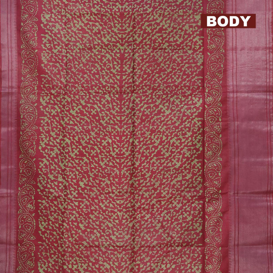 Semi tussar saree maroon with allover batik prints and silver zari woven kanjivaram style border - {{ collection.title }} by Prashanti Sarees