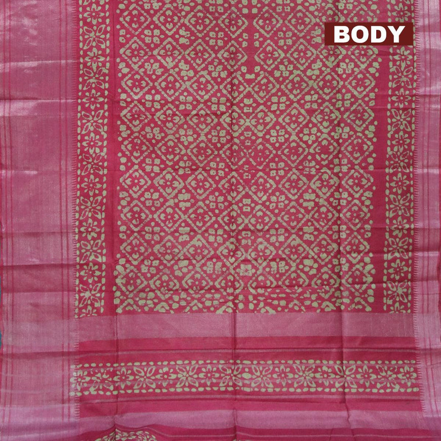 Semi tussar saree maroon with allover batik prints and silver zari woven kanjivaram style border - {{ collection.title }} by Prashanti Sarees