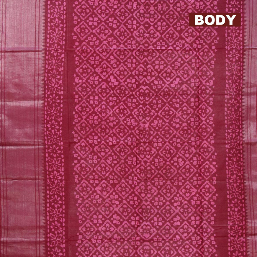 Semi tussar saree maroon with allover batik prints and silver zari woven kanjivaram style border - {{ collection.title }} by Prashanti Sarees