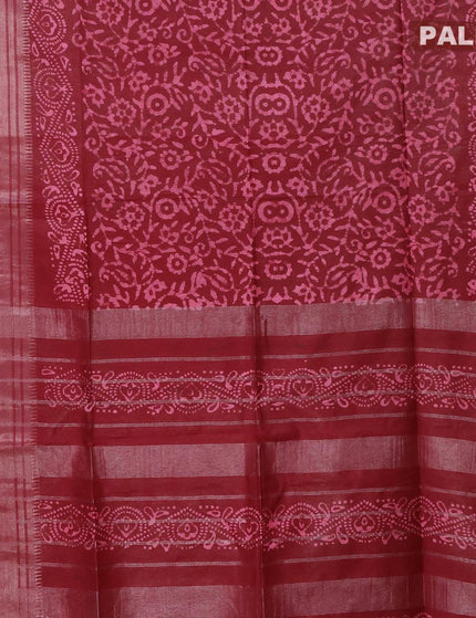 Semi tussar saree maroon with allover batik prints and silver zari woven kanjivaram style border - {{ collection.title }} by Prashanti Sarees