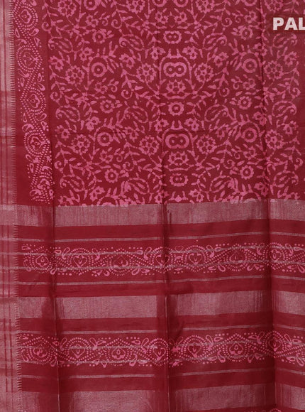 Semi tussar saree maroon with allover batik prints and silver zari woven kanjivaram style border - {{ collection.title }} by Prashanti Sarees