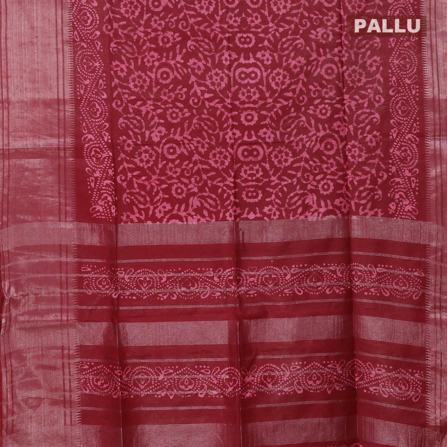 Semi tussar saree maroon with allover batik prints and silver zari woven kanjivaram style border - {{ collection.title }} by Prashanti Sarees