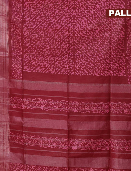 Semi tussar saree maroon with allover batik prints and silver zari woven kanjivaram style border - {{ collection.title }} by Prashanti Sarees