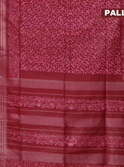 Semi tussar saree maroon with allover batik prints and silver zari woven kanjivaram style border - {{ collection.title }} by Prashanti Sarees