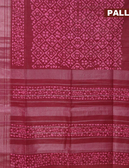 Semi tussar saree maroon with allover batik prints and silver zari woven kanjivaram style border - {{ collection.title }} by Prashanti Sarees