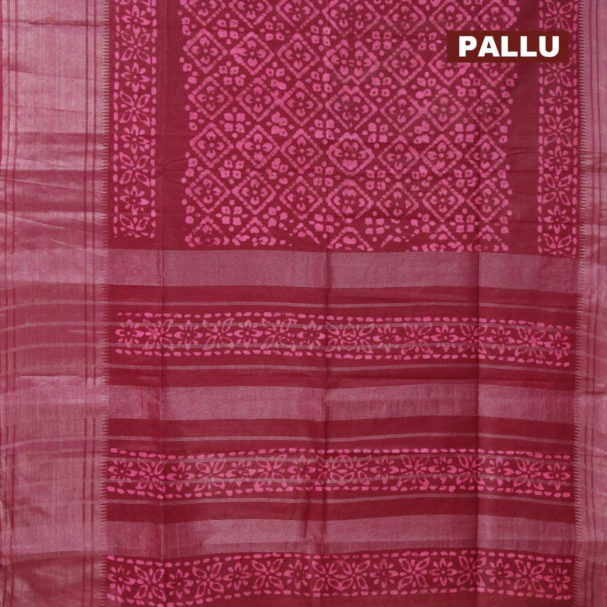 Semi tussar saree maroon with allover batik prints and silver zari woven kanjivaram style border - {{ collection.title }} by Prashanti Sarees