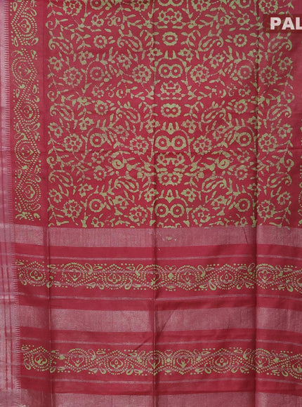 Semi tussar saree maroon with allover batik prints and silver zari woven kanjivaram style border - {{ collection.title }} by Prashanti Sarees