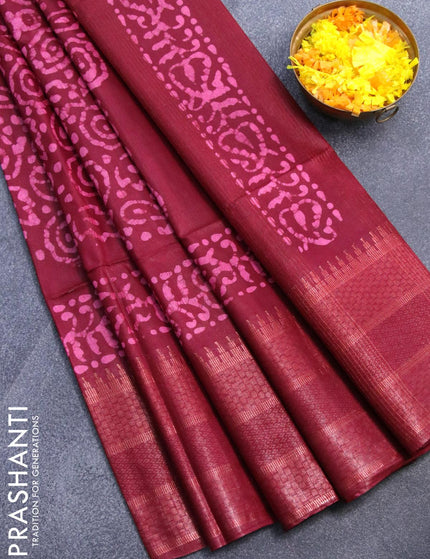 Semi tussar saree maroon with allover batik prints and zari woven kanjivaram style border - {{ collection.title }} by Prashanti Sarees