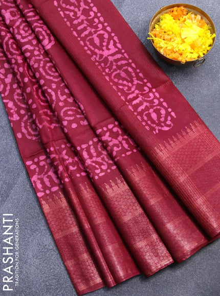 Semi tussar saree maroon with allover batik prints and zari woven kanjivaram style border - {{ collection.title }} by Prashanti Sarees