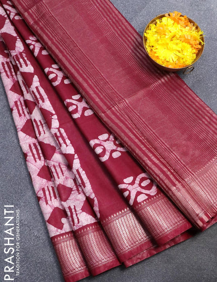 Semi tussar saree maroon with allover batik prints and zari woven kanjivaram style border - {{ collection.title }} by Prashanti Sarees