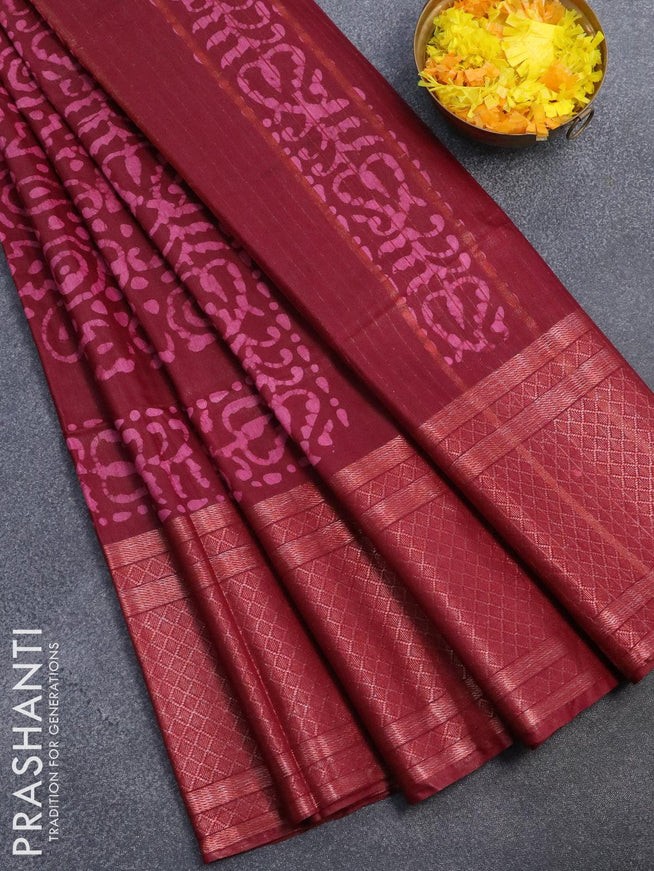 Semi tussar saree maroon with allover batik prints and zari woven kanjivaram style border - {{ collection.title }} by Prashanti Sarees