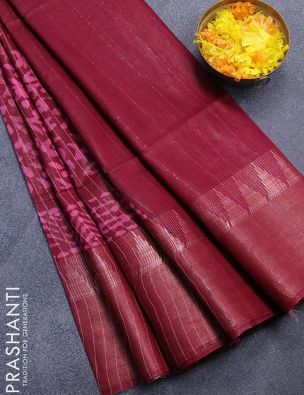 Semi tussar saree maroon with allover batik prints and zari woven kanjivaram style border - {{ collection.title }} by Prashanti Sarees