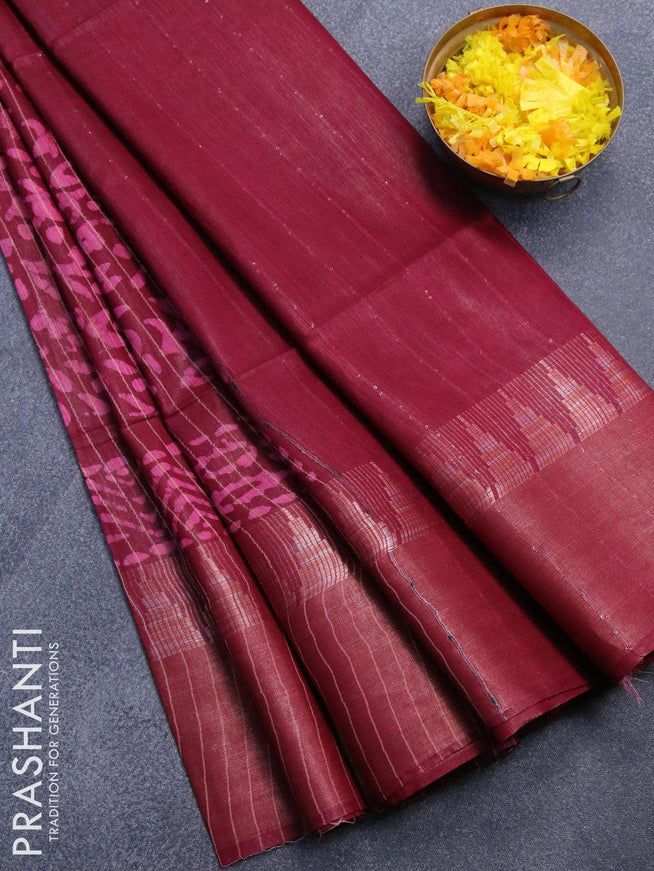 Semi tussar saree maroon with allover batik prints and zari woven kanjivaram style border - {{ collection.title }} by Prashanti Sarees