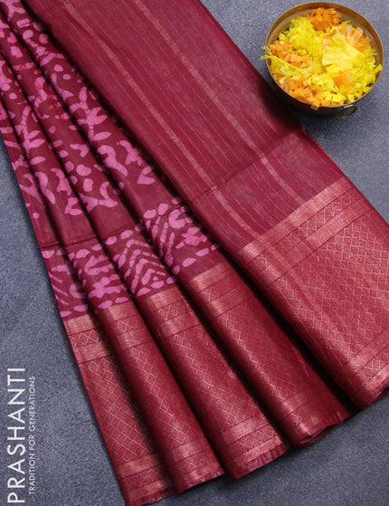 Semi tussar saree maroon with allover batik prints and zari woven kanjivaram style border - {{ collection.title }} by Prashanti Sarees