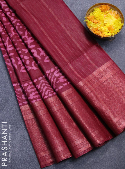 Semi tussar saree maroon with allover batik prints and zari woven kanjivaram style border - {{ collection.title }} by Prashanti Sarees