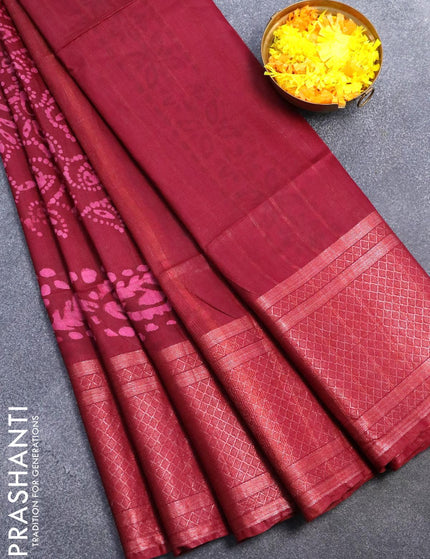 Semi tussar saree maroon with allover batik prints and zari woven kanjivaram style border - {{ collection.title }} by Prashanti Sarees