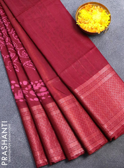 Semi tussar saree maroon with allover batik prints and zari woven kanjivaram style border - {{ collection.title }} by Prashanti Sarees