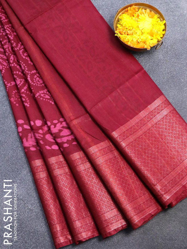 Semi tussar saree maroon with allover batik prints and zari woven kanjivaram style border - {{ collection.title }} by Prashanti Sarees