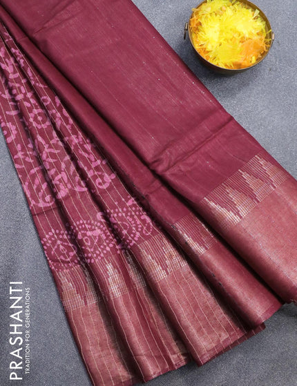 Semi tussar saree maroon with allover batik prints and zari woven kanjivaram style border - {{ collection.title }} by Prashanti Sarees