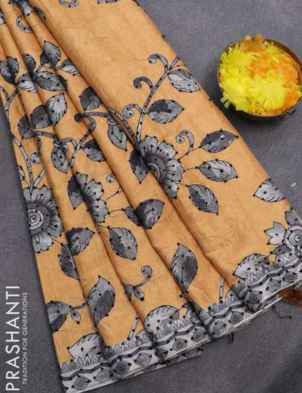 Semi tussar saree mustard yellow and grey with kalamkari prints & french knot work and printed border - {{ collection.title }} by Prashanti Sarees