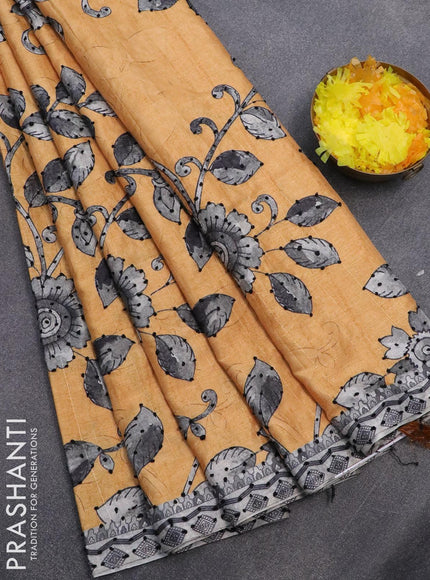 Semi tussar saree mustard yellow and grey with kalamkari prints & french knot work and printed border - {{ collection.title }} by Prashanti Sarees