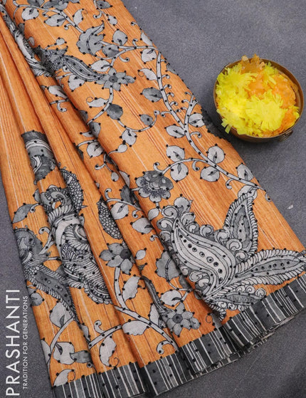 Semi tussar saree mustard yellow and grey with kalamkari prints & french knot work and simple border - {{ collection.title }} by Prashanti Sarees