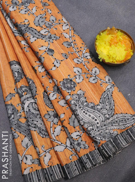 Semi tussar saree mustard yellow and grey with kalamkari prints & french knot work and simple border - {{ collection.title }} by Prashanti Sarees