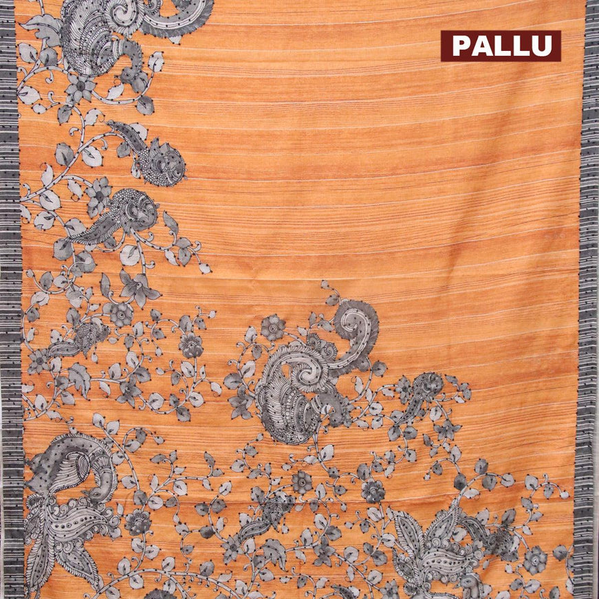 Semi tussar saree mustard yellow and grey with kalamkari prints & french knot work and simple border - {{ collection.title }} by Prashanti Sarees