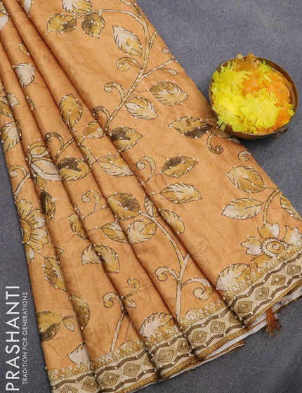 Semi tussar saree mustard yellow and sandal with kalamkari prints & french knot work and printed border - {{ collection.title }} by Prashanti Sarees