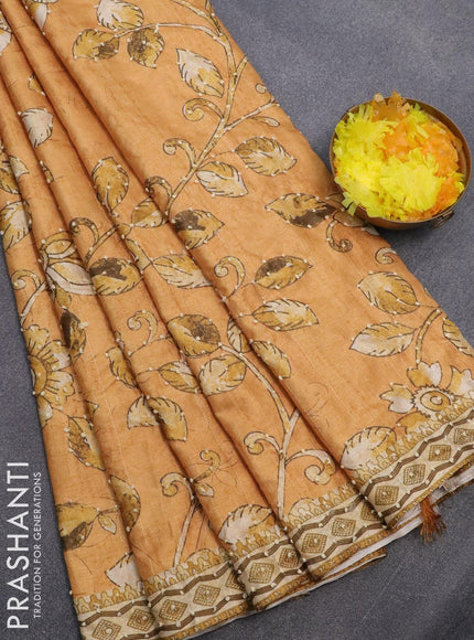 Semi tussar saree mustard yellow and sandal with kalamkari prints & french knot work and printed border - {{ collection.title }} by Prashanti Sarees