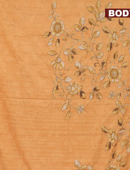 Semi tussar saree mustard yellow and sandal with kalamkari prints & french knot work and printed border - {{ collection.title }} by Prashanti Sarees