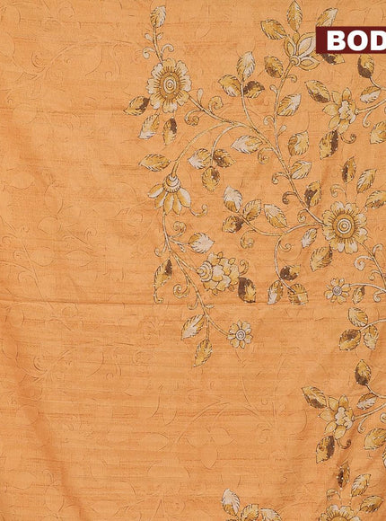 Semi tussar saree mustard yellow and sandal with kalamkari prints & french knot work and printed border - {{ collection.title }} by Prashanti Sarees