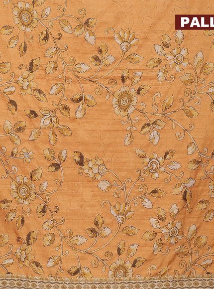 Semi tussar saree mustard yellow and sandal with kalamkari prints & french knot work and printed border - {{ collection.title }} by Prashanti Sarees