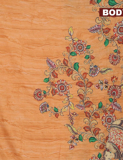 Semi tussar saree mustard yellow with kalamkari prints & french knot work and printed border - {{ collection.title }} by Prashanti Sarees