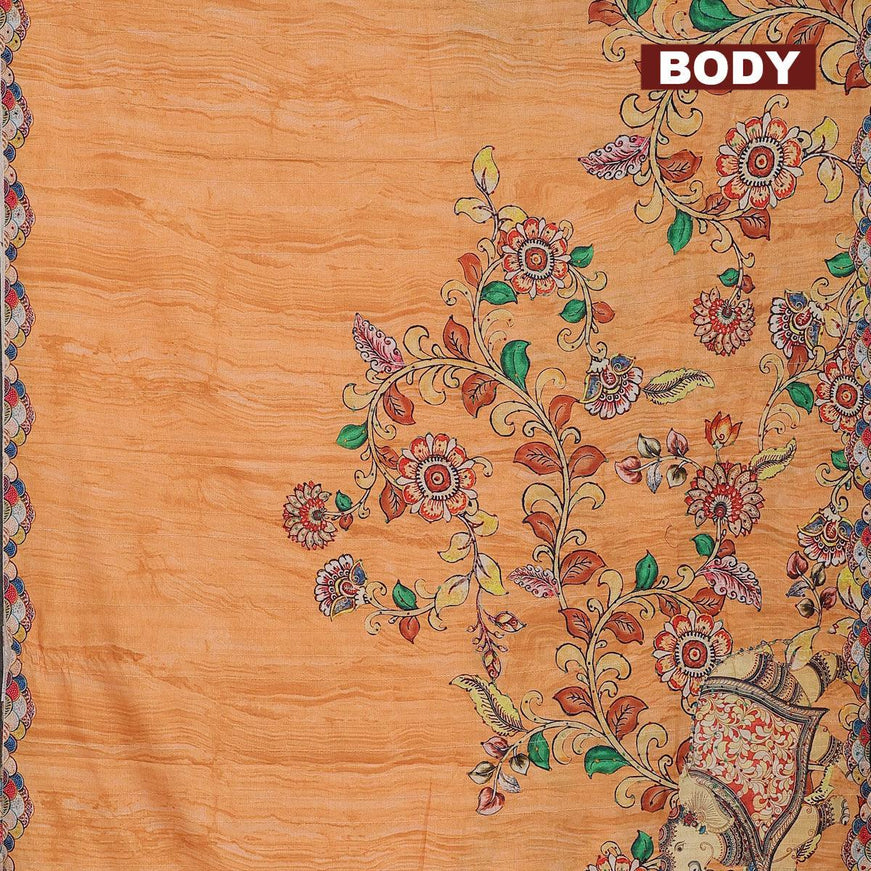 Semi tussar saree mustard yellow with kalamkari prints & french knot work and printed border - {{ collection.title }} by Prashanti Sarees