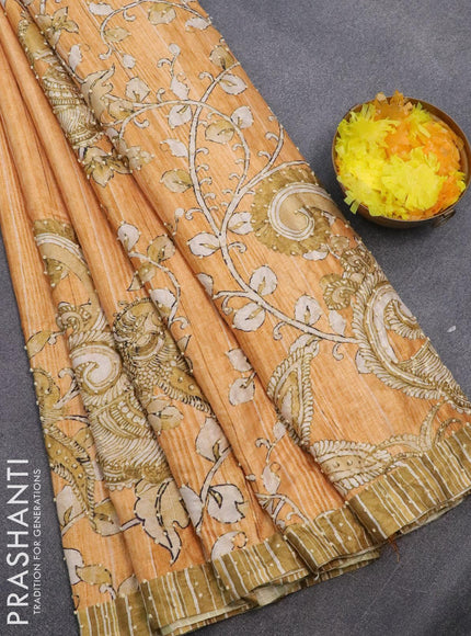 Semi tussar saree mustard yellow with kalamkari prints & french knot work and simple border - {{ collection.title }} by Prashanti Sarees