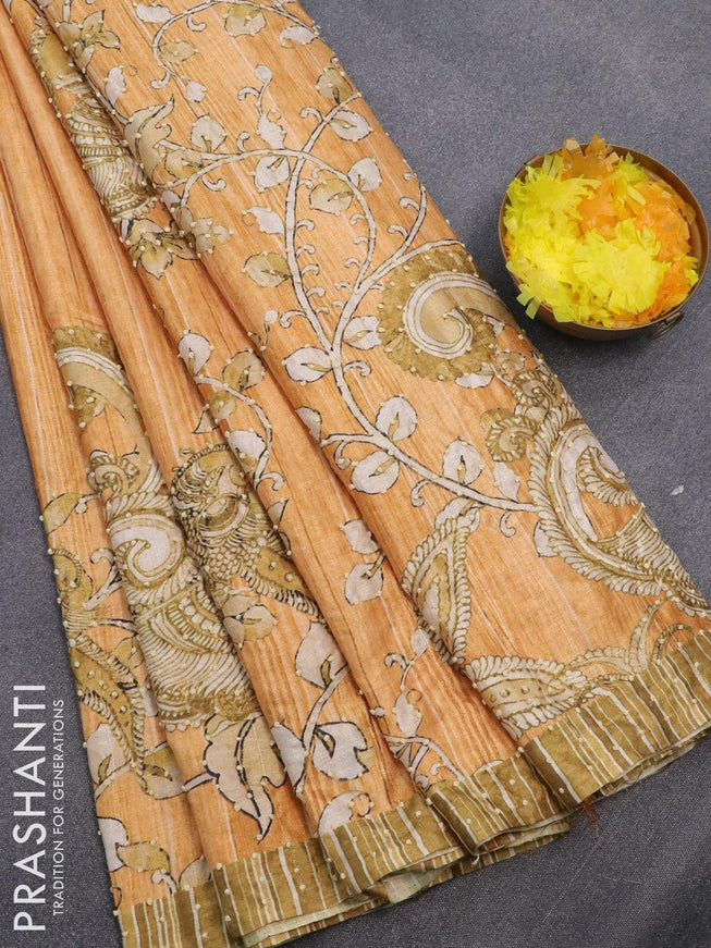 Semi tussar saree mustard yellow with kalamkari prints & french knot work and simple border - {{ collection.title }} by Prashanti Sarees