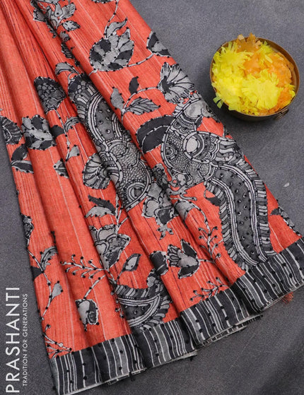 Semi tussar saree orange and grey with kalamkari prints & french knot work and simple border - {{ collection.title }} by Prashanti Sarees