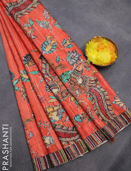 Semi tussar saree orange with kalamkari prints & french knot work and simple border - {{ collection.title }} by Prashanti Sarees